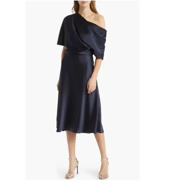 Amsale NAVY One Shoulder Fluid Satin Cocktail Midi Dress, NWT, Size 4 - Picture 2 of 13